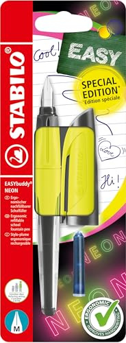 STABILO - Schulfüller mit Standard-Feder M - EASYbuddy NEON | neongelb, löschbar blau, inkl. Patrone, Blister