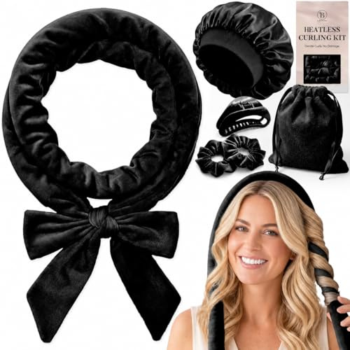 Curler per Capelli in Velluto per Boccoli Capelli Senza Calore – Asta Morbida 160 cm per Heatless Curls, Accessori Inclusi per uno Styling Delicato e un Heatless Hair Curler Riutilizzabile, Nero