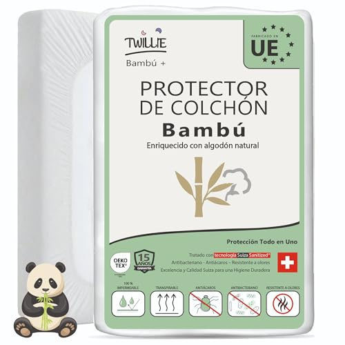 Twillie Protector de Colchón 150 x 190 Bambú Impermeable y Transpirable – Algodón Natural, Tratamiento Suizo Sanitized® Antiácaros Antibacteriano Antiolor – Hecho en UE