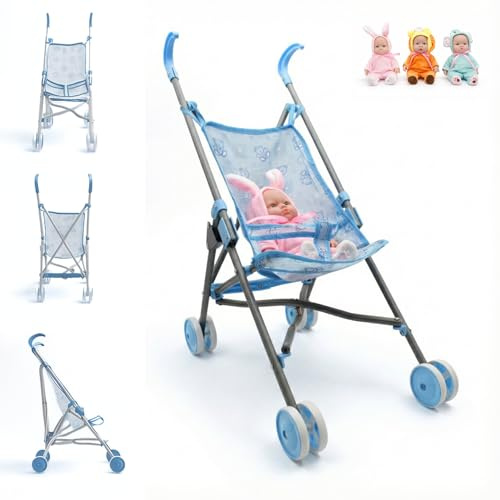 Sillita de Paseo para Muñecas - AMATOYS - Carrito Juguete Plegable - Pack 2 en 1 con Bebé Muñeco - Juego de Imitación y Paseo para Niñas y Niños