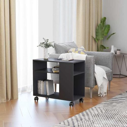 QZZCED Grey Side Table 70x35x55 cm Engineered Wood Chipboard with Wheels, Mobile Living Room Couch Table for Magazines Books Remote Control, Easy Assembly Durable Furniture