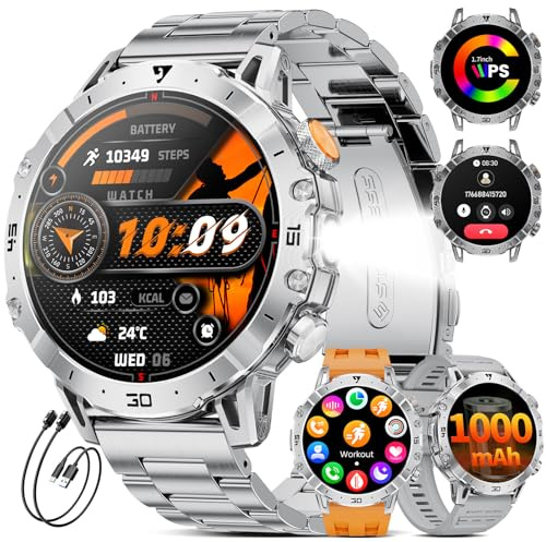 LIGE Montre Connectée Homme 1000mAh, 3 Bracelets + 2 Chargeurs, 1.7'' Smartwatch avec LED Lampe, 110+ Modes Sportifs, Étanchéité IP68, Appels Bluetooth, Surveillance Cardiaque 24H, Android/iOS,EF18-B