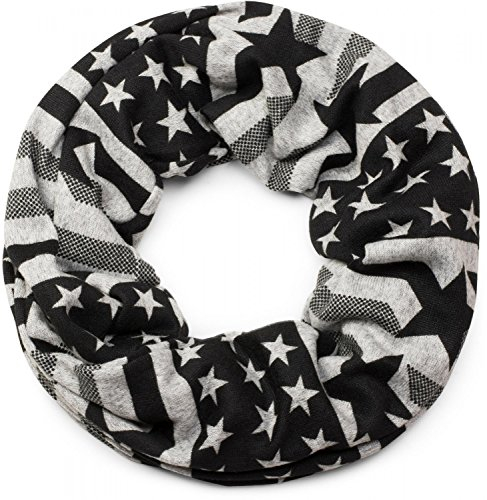 styleBREAKER Feinstrick Loop Schlauchschal im Stars and Stripes Design, Sterne, Streifen, Schal, Unisex 01017044, Farbe:Grau-Schwarz