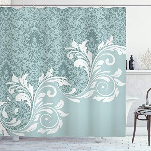 ABAKUHAUS Vintage Duschvorhang, Retro Blumen Efeu-Strudel, Stoffliches Gewebe Badezimmerdekorationsset mit Haken, 175 x 180 cm, Blaugrau Babyblau