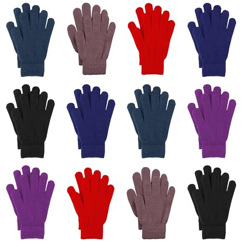 Cooraby 12 Pairs Winter Magic Gloves Stretchy Warm Knit Gloves with Mesh Storage Bag for Men or Women (Black, coffee, grey, purple, red, blue, Length 8.3 inches)