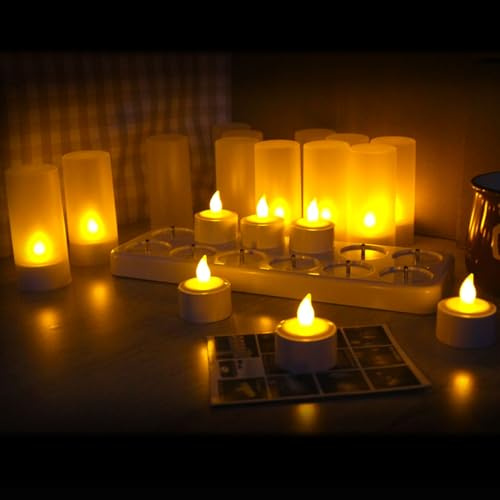 QSPORTPEAK 12er LED Kerzen,flammenlose Teelichter,flackernd wie echte Kerzen,Wiederaufladbare Kerzen mit Ladestation,Weihnachtsdeko, Party, Hochzeit, Geburtstags（Gelb）