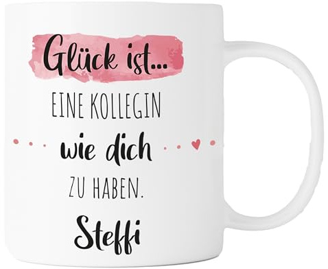 Tasse personalisiert – Glück ist eine Kollegin wie dich zu haben | Weiß | Keramik Kaffeetasse, 330 ml, beidseitig bedruckt, spülmaschinenfest, mikrowellengeeignet, Geschenk mit Name