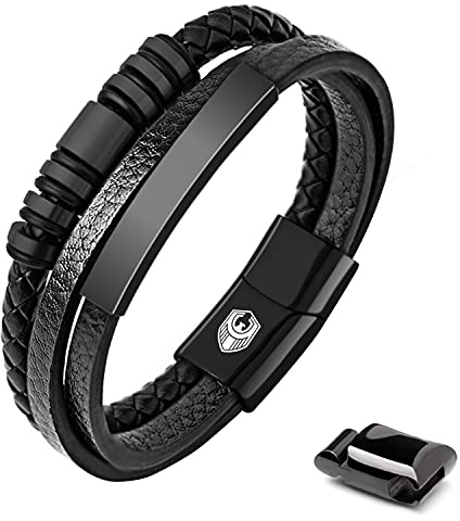SHIEAGLELD Bracciale Uomo Pelle, Classico Cuoio Braccialetto Uomo, con Calamita Fibbia in Acciaio Inossidabile ed Esclusivo Portagioie per Braccialetti l'idea di Regali