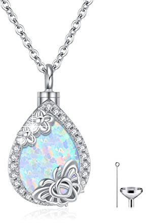 JFASHOP Urne Halskette für Asche 925 Sterling Silber Opal Kette Memorial Cremation für Frauen Medaillon Anhänger Asche Andenken Geschenk