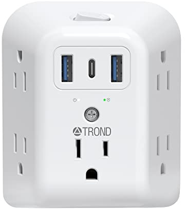 TROND 3 Prong to 2 Prong Adapter, 2 Prong Power Strip Surge Protector 1440J, Featured 5 AC Widely Spaced Outlets and 3 USB Ports, Wall Mountable Outlet Adapter for Non-Grounded Plug in Old House