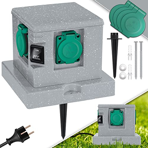 KESSER® Presa da giardino in pietra con 4 prese Incluso picchetto di terra, prese multiple all'esterno, Presa in pietra impermeabile con sensore ON/Auto, Grigio - Cubo