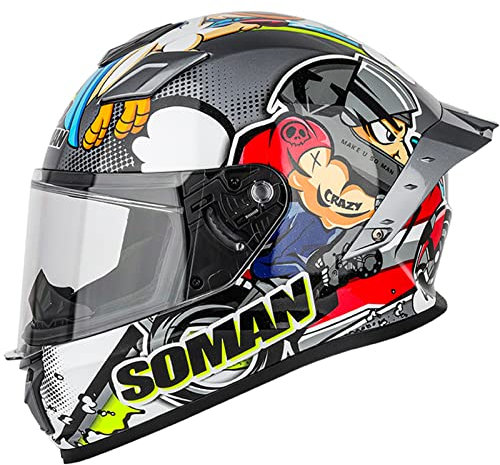 RUANLOV Casque Moto Intégral, Casques de Moto avec Visière pour Homme Femme, ECE et Dot Certified pour Scooter Chopper, Full-Face Helmet Facile à Nettoyer (E S=55~56cm)