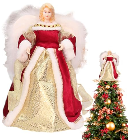 Amesor Engel Baumspitze - Weihnachtsengel auf dem Baum mit weißen Federflügeln,7,08-Zoll-Engel-Baumkronen-Figur, Weihnachtsbaumspitze, Ornament für die Feiertags-Weihnachtsfeier