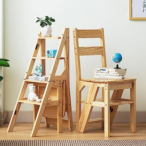 RAUGAJ Klappstief -Leiterstuhl - Holzfaltungsfalt -Ladderhocker -Regal - Bibliotheksschritte Bücherregal -Pflanzenständer Für Aufbewahrung Und Dekoration - Natürliche Massive Holzfarbe