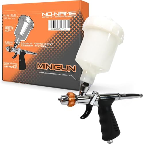 NO-NAME Brand Hybrid Minigun Airbrush - Pistol Grip, Trigger-Type, Fan Spray, High Precision, Versatile Paint Application Ideal for Modeling, Automotive, Art (Minigun 2 in 1 0.6 & 0.8 mm)