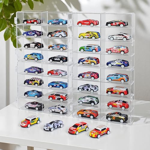 1/64 Scale Matchbox Wheels Toy Car Display Case Holds 32 Toy Cars Storage Organizer, Clear Display Box with Clear Snap-On Dust Cover 6.5 X 7.5 X 1.6 Inches 4 Pack