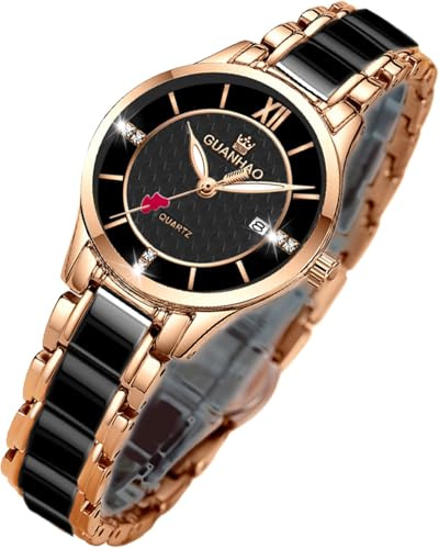 GUANHAO Schwarze Keramik Uhren für Frauen, Mode Damenuhren mit Diamant akzentuiert Kalender Leuchtend, Quarz Damenuhren mit Keramikband für kleine Handgelenk Armband