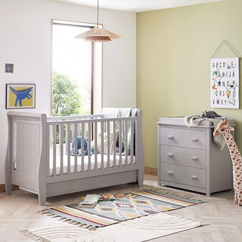 Babymore Stella 2 Piece Nursery Room Set Grey - 1 Baby Cot Bed & 1 Chest Changer With 3 Double Handle Drawers, Wooden Chest Of Drawer Storage Cabinet | 2 Piece Stella Nursery Room Set Furniture Grey