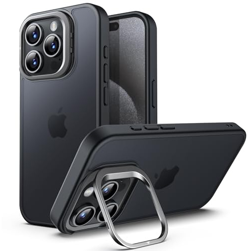 JETech Cover Cavalletto per iPhone 15 Pro, Titanio Nero | Supporto Fotocamera Regolabile, Protezione Robusta, Retro Opaco Satinato, Protezione Anticaduta, Custodia Design Antiurto