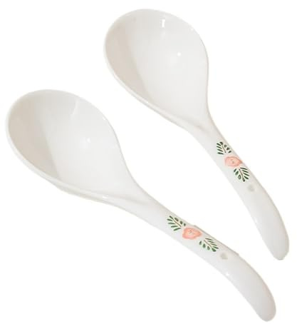 Rundlöffel Weißer Keramiklöffel mit bedrucktem, elegantem Porzellan-Ei-Löffel, 2er-Set, Porzellan-Suppenlöffel for Suppe, Knödel, Wonton, Müsli Tafellöffel(Size:L)