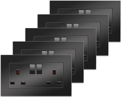 5 Pack CNBINGO Double Switched Socket, Black Electric Power Socket | PC Wall Plate, 13 Amp Outlet, AC 230V