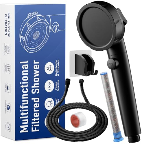 JONKEAN Wassersparender Duschkopf mit schlauch, 3 Strahlarten Duschbrause mit Kalkfilter, Hochdruck-Handduschkopf mit Ein-Aus-Schalter, Duschkopf mit Filter für Trockenes Haar & Haut (Schwarz)