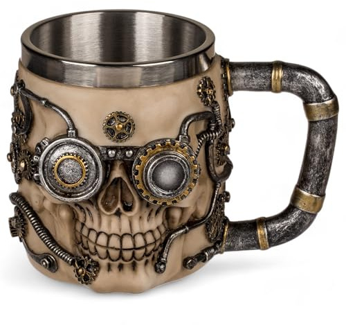 MIJOMA Chope à bière avec tête de mort 3D Steampunk Skull – Tasse élégante en pierre artificielle avec insert en acier inoxydable, 400 ml (Chrono)