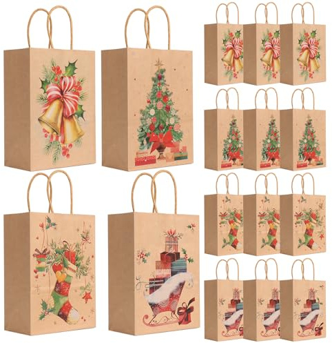 12 Weihnachts Geschenktaschen Mit Griffen, 4 Muster, Kraftpapiertueten | Kraftpapier, 21 X 15 X 8 Cm, Fuer Weihnachtsgeschenke Und Weihnachtsfeiern