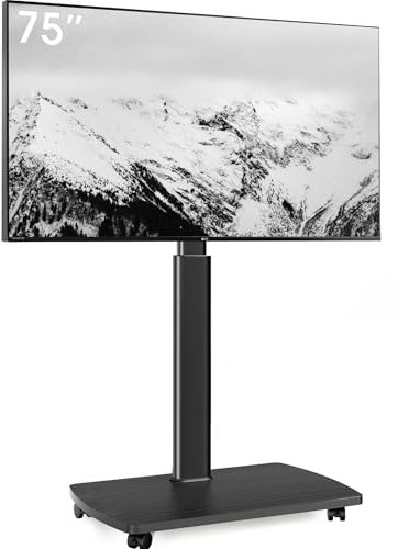 AOKCOS Carrello Porta TV con Ruote per 43-75 Pollici, Supporto TV da Pavimento Girevole e Regolabile in Altezza, Inclinabile Porta TV da Terra Mobile con Base in Legno, Max VESA 600x400mm 50kg