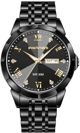 PINDOWS Uhren Herren Retro Zweifarbig Edelstahl Quarz Armbanduhr | Modische Business-Uhr. 30M wasserdicht, Leuchtzeiger, römisches Zifferblatt mit Diamanten und verborgene Faltschließe