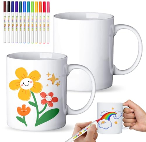 Lot de 2 tasses à peindre en céramique avec 12 couleurs de crayons en porcelaine, pour la maison, les tasses à café, pour la Saint-Valentin, Pâques, un anniversaire, le bricolage