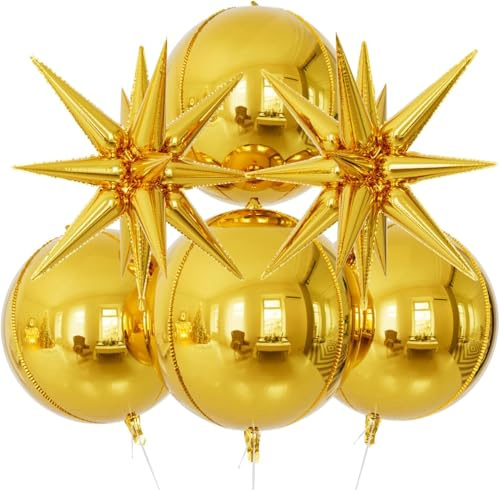 Palloncini Stelle Esplosiva 6 Pezzi Palloncini 4D Oro Metallizzato Rotondi Palloncino Compleanno Dorati Foil per Decorazioni di Compleanno, Festa, Anniversario
