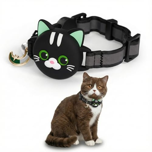 Kittytag Katzenhalsband mit Zubehör, kompatibel mit Apple Airtag, reflektierend und Leuchtend, GPS, Katze mit Anti-Drosselung, verstellbar, GPS Airtag Nicht im Lieferumfang enthalten (schwarz)