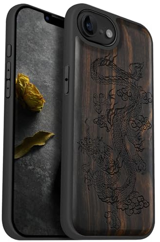 Carveit Étui en Bois pour iPhone 16e / 17e, (Sombre-Majestueux Dragon) | Bois Étui de Magnétique Téléphone Antichoc TPU, Protection Case Compatible Magsafe pour iPhone 17e / 16e Coque