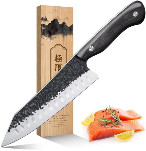 Purple Dragon Couteau Santoku Couteau de Cuisine Professionnel Couteau à Découper en Acier Carbone Haute Qualité Couteau de Cuisine Super Affûté Couteau à Viande avec Manche Ergonomique