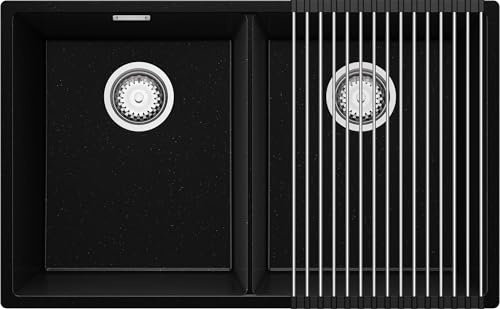 PRIMAGRAN Fregadero bajo Encimera al Mueble 80cm + Kit de desagüe, 76x47cm | Set: Kit de desagüe + Enrollable Escurridor + London Twin 2 Senos para Cocina, Negro Metallic