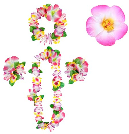 LUMOOM 5 Stück Hawaii Blumenkette, Blume Haarschmuck, Hawaii Kette Blumen Set, mit Haarband Stirnband Armbänder Haarclips, Kostüm Damen Zubehör, für Hawaii Strand Party Deko (D)