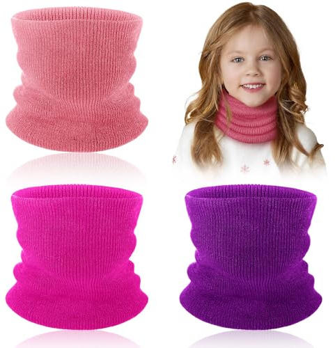 Bencailor 3 Pcs Kids Neck Warmer Winter Neck Gaiters Knitted Infinity Scarf for Boys Girls Youth Winter Cold Weather Scarf(Pink Rose Purple,Bright)