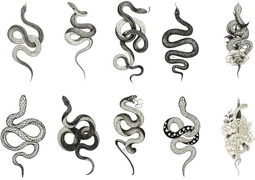 10 Blätte Schwarz Schlange Temporäre Tattoos, Wasserfest Halloween Schlangen Tattoo Aufkleber Haut, Klebetattoos Halloween Sexy Realistisch Schlange Fake Tattoos Damen Frauen Herren Männer