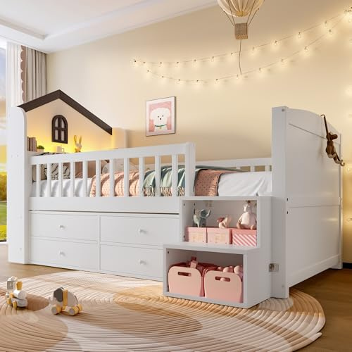 Kinderbett Halbhohes Hochbett 90x200, Holzbett Hausbett mit LED Hausform&Fenster&4 Schubladen&Lagerleiter, Einzelbett Jugendbett Bettgestell mit Lattenrost&Rausfallschutz, Kiefer, Ohne Matratze, Weiß