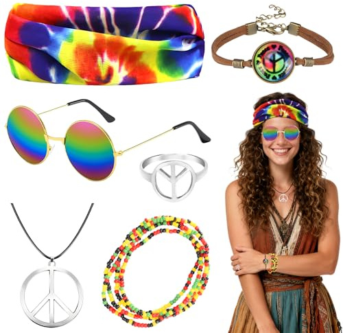 6Stück 70er Jahre Hippie Kostüm Herren Damen Set mit Peace Halskette, Sonnenbrille, Batik Stirnband, Armband, 60er 70er Jahre Outfit Retro Hippie Accessoires für Karneval, Mottoparty & Festival