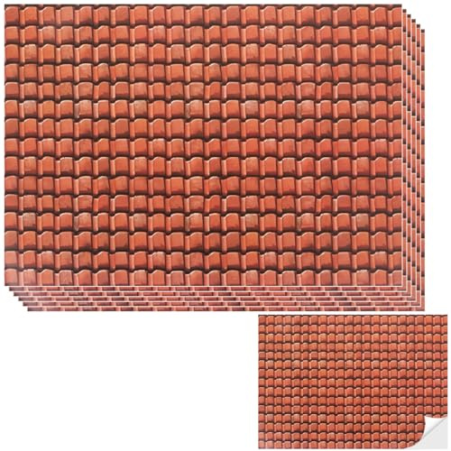 UHOMENY 6Sheets Self-Adhesive Dollhouse Wall Cladding Miniature Roof Tiles Dolls House Wallpaper Accessories Miniature Landscape Decorative Stickers for DIY Craft,21×29cm (Red tile color)