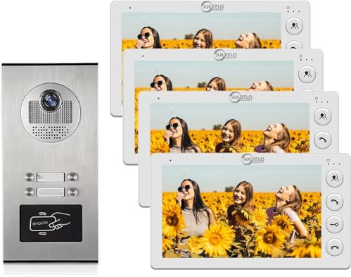 ANJIELO SMART Wired Video Apartment Intercom System,Video Doorbell Camera,7 inch Monitor Video Door Phone Kit, Night Vision, Two-Way Audio,ID Card Unlock (4 Monitor)