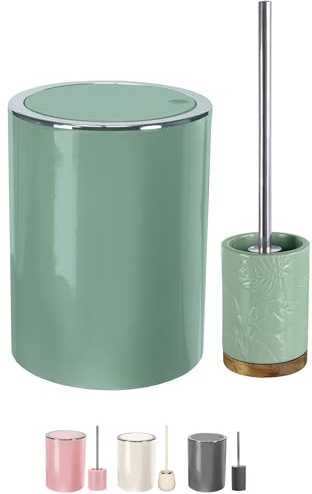 KW Bathroom Swing Bin and Ceramic/Stoneware Toilet Brush Set (Maldives Green)