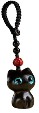 YiQinzcxg Porte-clés chat porte-bonheur en ébène fait à la main Décoration en bois naturel à suspendre Décoration pour clés, sacs, sacs à dos Style japonais