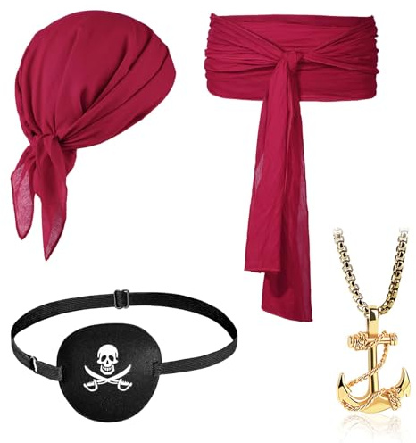 YCICHE Pirate Accessories Set - Piratenkopftuch, Gürtel, Augenklappe und Goldene Anker Halskette, für Erwachsene Karneval und Halloween Verkleidung, 4-teilig