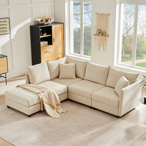 Modulär soffa, 5-sitsig soffa med flexibel pall, hörnsoffa, L-form, bostadslandskap, tyg, beige, modern, för vardagsrum, gästrum