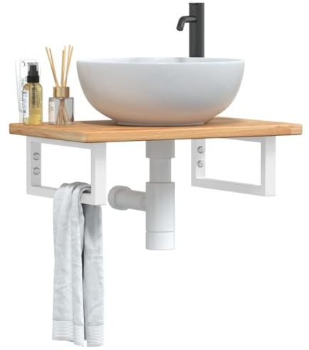 fadaoet Waschtischplatte aus Eichenholz mit Stahlhalterung 60x40 cm stabil und platzsparend, Badezimmer Wandregal mit Stauraum für Schränke und Schubladen, modernes Design für Badablage