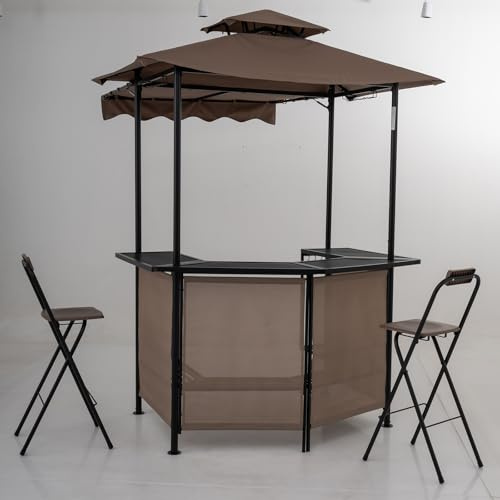 KOMFOTTEU Cenador de Barbacoa con 2 Sillas Plegables, Mesa de Bar (Marrón)