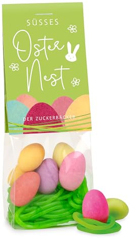 Der Zuckerbäcker Osternest gefüllt - Süßigkeiten Ostern Geschenkset & Ostersüßigkeiten Mischung, essbares Ostergras grün & dragierte Ostereier, ideale Osternester Füllung für Kinder & Erwachsene